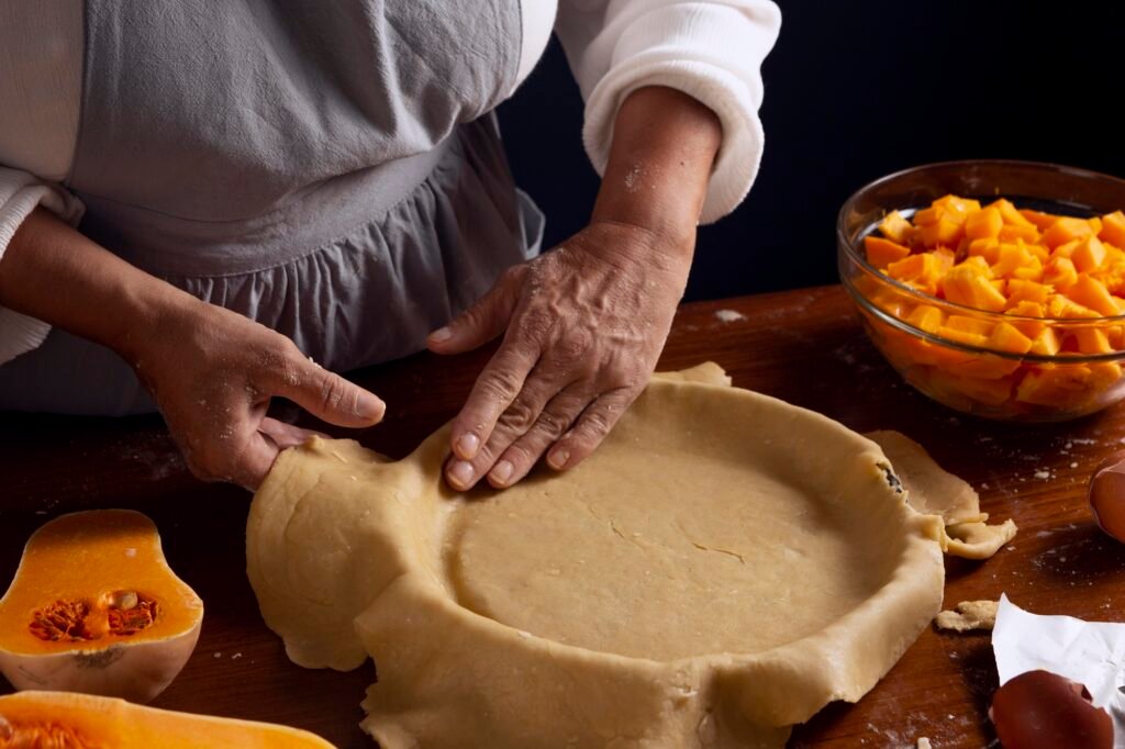 Mãos preparando a base de uma torta caseira com massa esticada em uma forma, ao lado de ingredientes frescos, como abóbora picada.