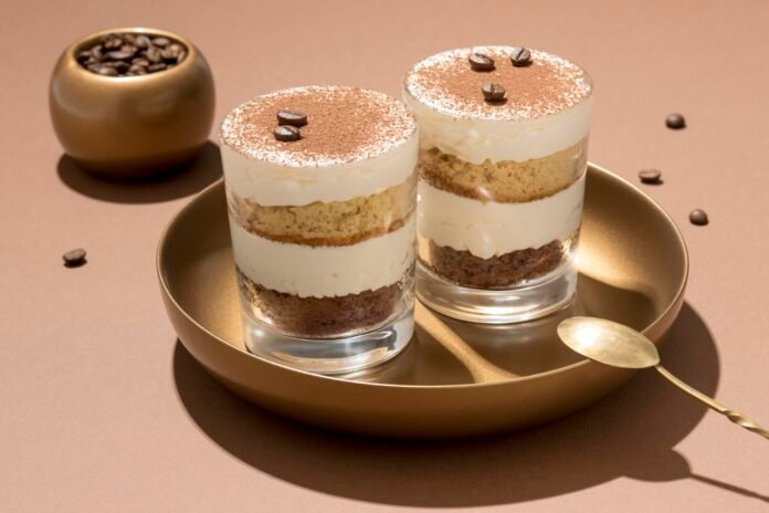 Taças de tiramisù low carb decoradas com grãos de café e cacau, servidas em um prato dourado, acompanhadas por uma colher.
